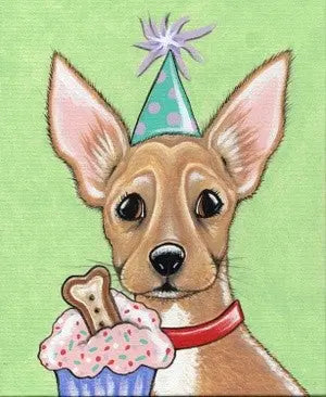 Birthday Party Chi ORIGINAL Painting 8"x10" acrylic, chihuahua, painted dog celebrating birthday, cupcake Outta the Blue Studio