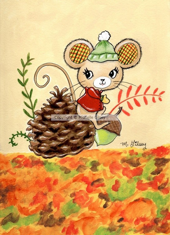 PineCone Pitter Patter ORIGINAL PAINTING for Sale, acrylic painting, cute mouse on pinecone, autumn, fall decor