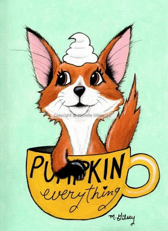 Pumpkin Everything Fox in Cup ORIGINAL PAINTING for SALE, acrylic painting 9"x12" autumn decor, fun, cute art Outta the Blue Studio