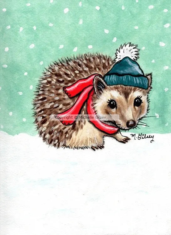 Winter Hedgehog ORIGINAL PAINTING for SALE, hedgehog in the snow, wearing scarf, acrylic painting 9"x12" cute Outta the Blue Studio