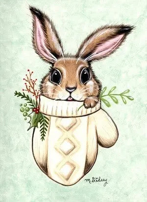 Winter MItten Bunny ORIGINAL Painting for Sale, 9"x12" acrylic artwork Outta the Blue Studio