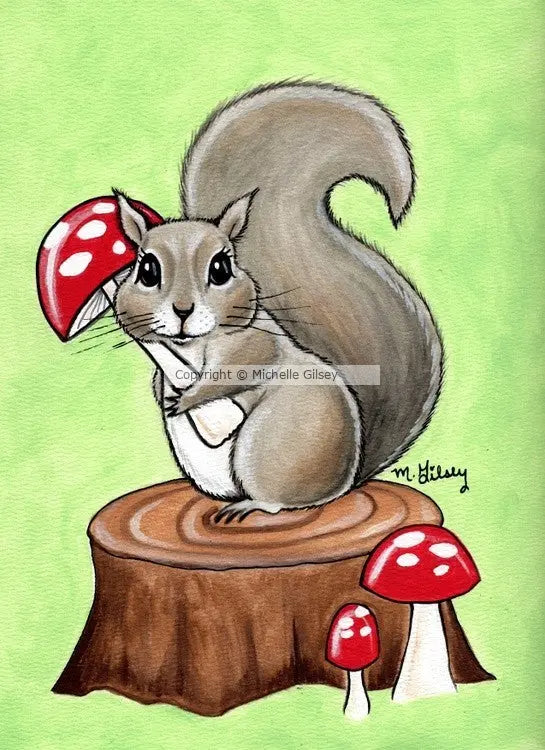 Woodland Squirrel ORIGINAL PAINTING for SALE, squirrel artwork 9"x12", cute art, mushrooms Outta the Blue Studio