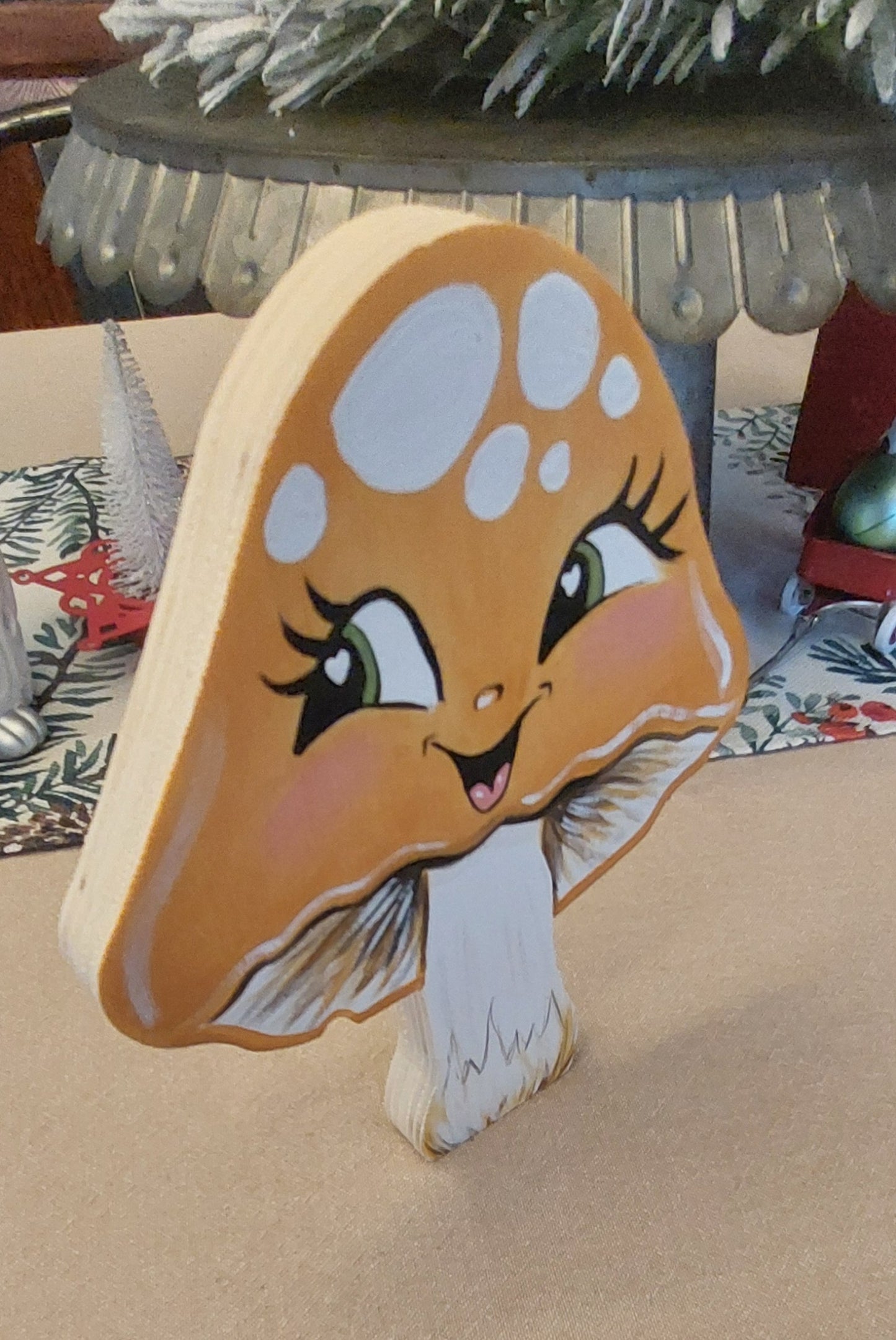 Woodland Decor Handpainted Wooden Mushroom Decoration, Yellow spotted Mushroom, Kids Room Decor, For Her, Cute on Shelf, Gift for her, Painted Wood Mushroom