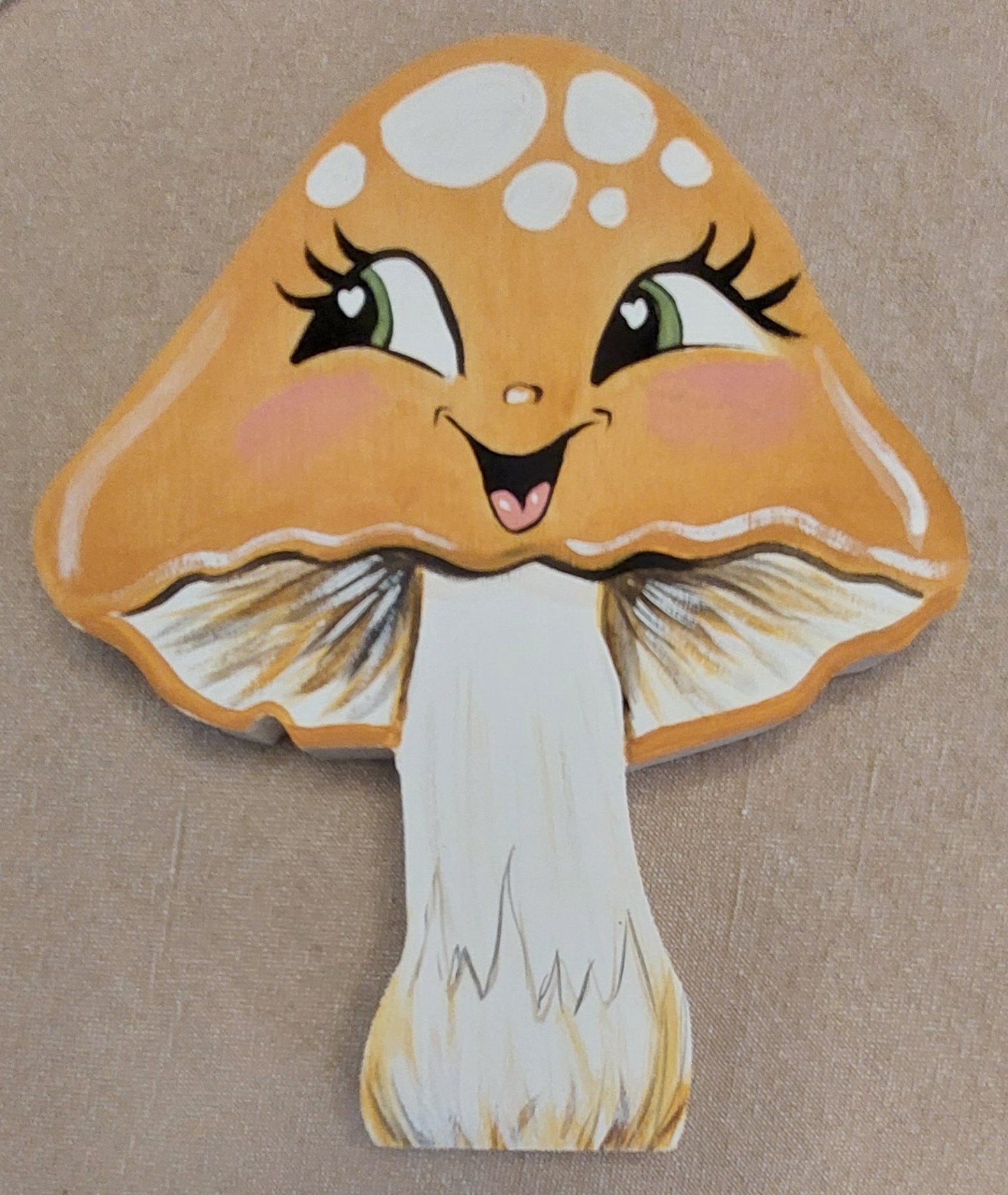 Woodland Decor Handpainted Wooden Mushroom Decoration, Yellow spotted Mushroom, Kids Room Decor, For Her, Cute on Shelf, Gift for her, Painted Wood Mushroom