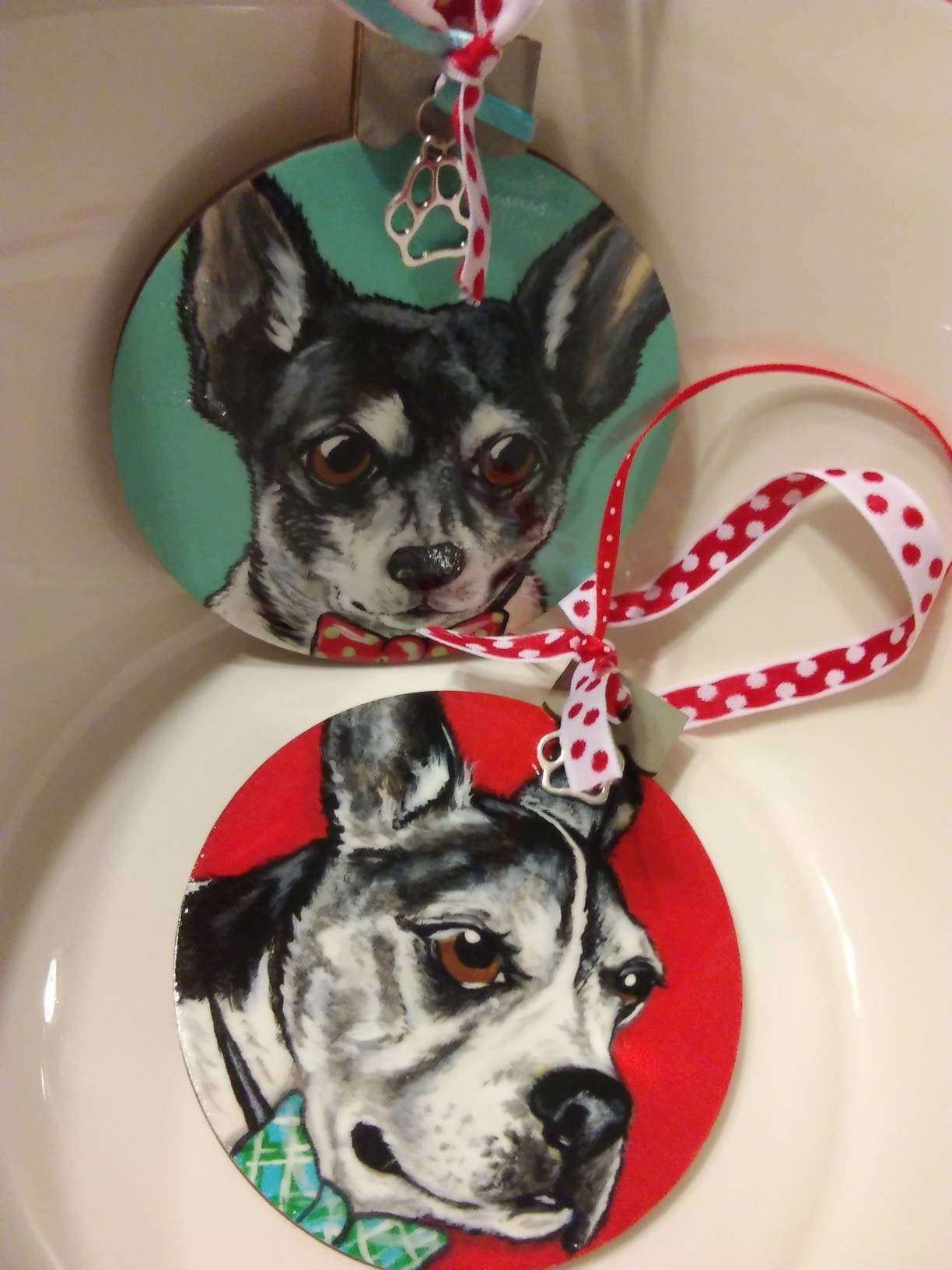 Two Custom Pet Portrait Ornaments - Hand painted wood Christmas tree decor gift idea dog cat animal , pet memorial, pet loss, pet painting
