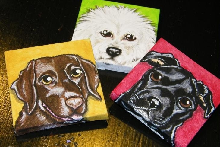 Set of Three Custom mini canvas Pet Portrait Ornaments - handpainted art, 3x3, pet memorial, Christmas tree, Xmas decor