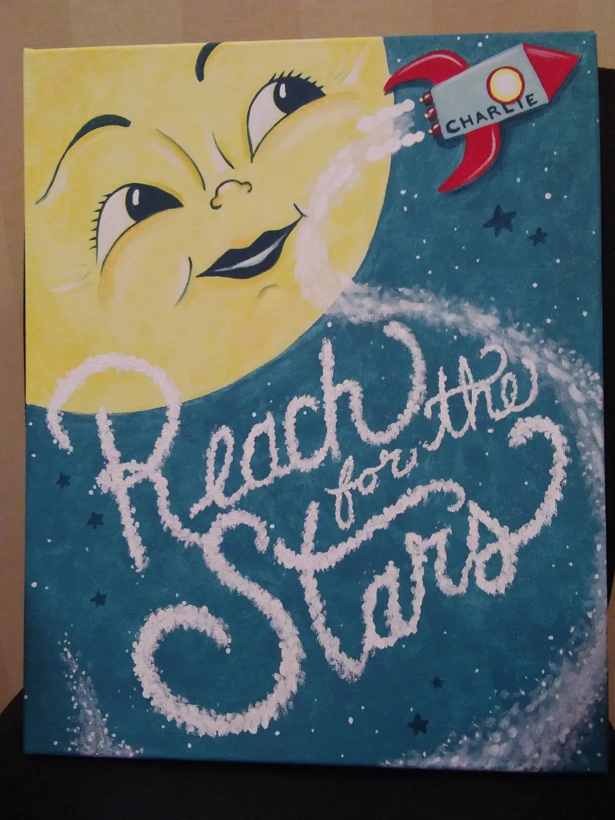 Custom Reach for the Stars Moon Painting 16x20 hand painted, moon face, cute, kids room art, nursery decor, child gift