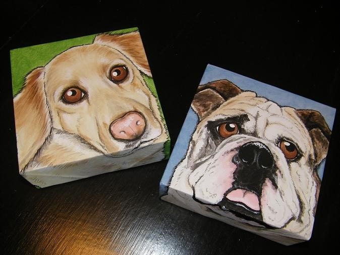 Two Custom Pet Portrait Paintings 6x6 hand painted, dog, cat, bull dog, retriever, pet memorial, gift