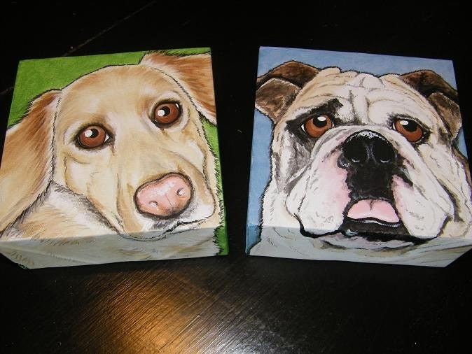 Two Custom Pet Portrait Paintings 6x6 hand painted, dog, cat, bull dog, retriever, pet memorial, gift