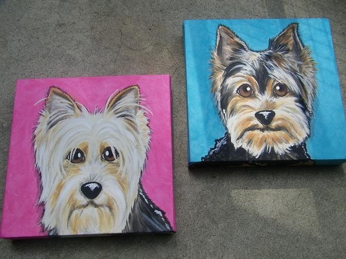 Two Custom Pet Portrait Paintings 6x6 hand painted, dog, cat, bull dog, retriever, pet memorial, gift