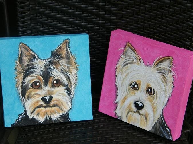 Two Custom Pet Portrait Paintings 6x6 hand painted, dog, cat, bull dog, retriever, pet memorial, gift