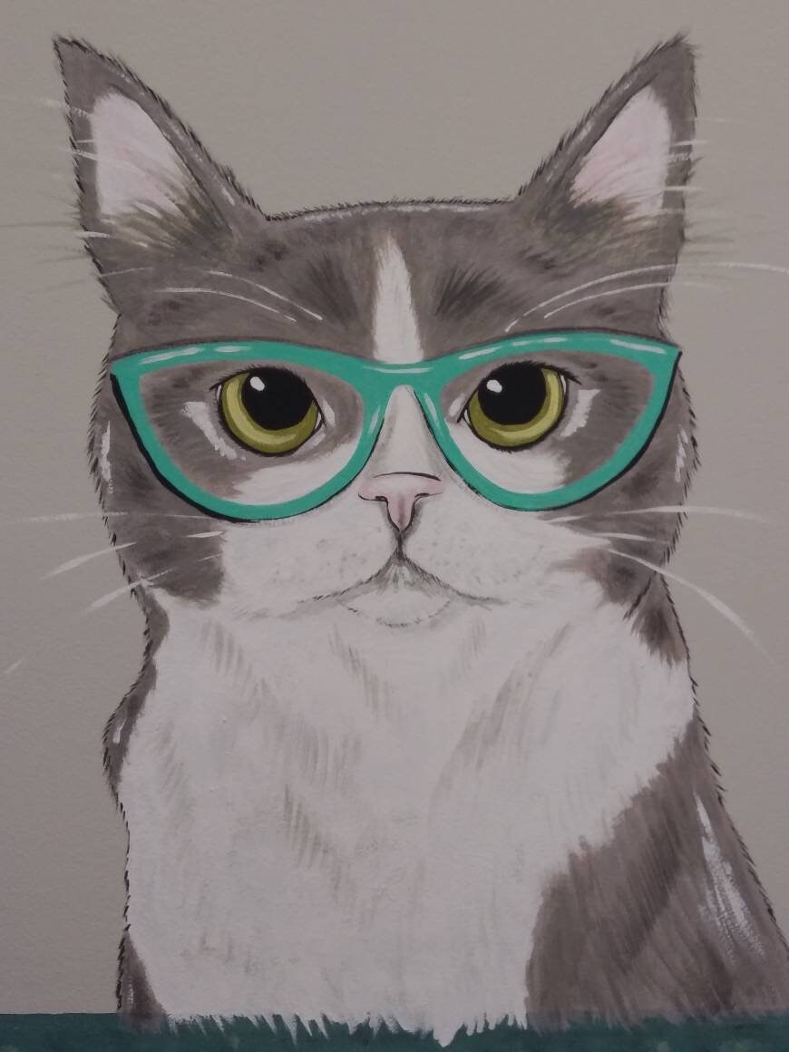 CUSTOM Animal in Eyeglasses OR Facemask 12x12 CUSTOM hand painted Art, eye doctor artwork, specs, glasses on cute animals