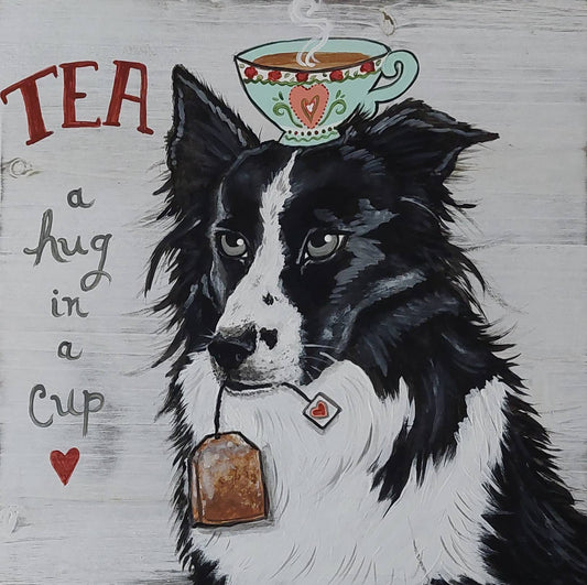 Custom Painted Unique Tea lover Pet Portrait on wood 10"×10", dog painting, pet memorial, pet owner gift, best friend, dog, cat, tea cup