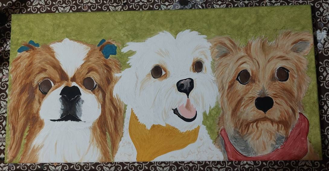 Custom Multiple Pet Portrait Painting 12x24 handpainted Pet Memorial, painted from photos of your pet, animal Art, personalized gift