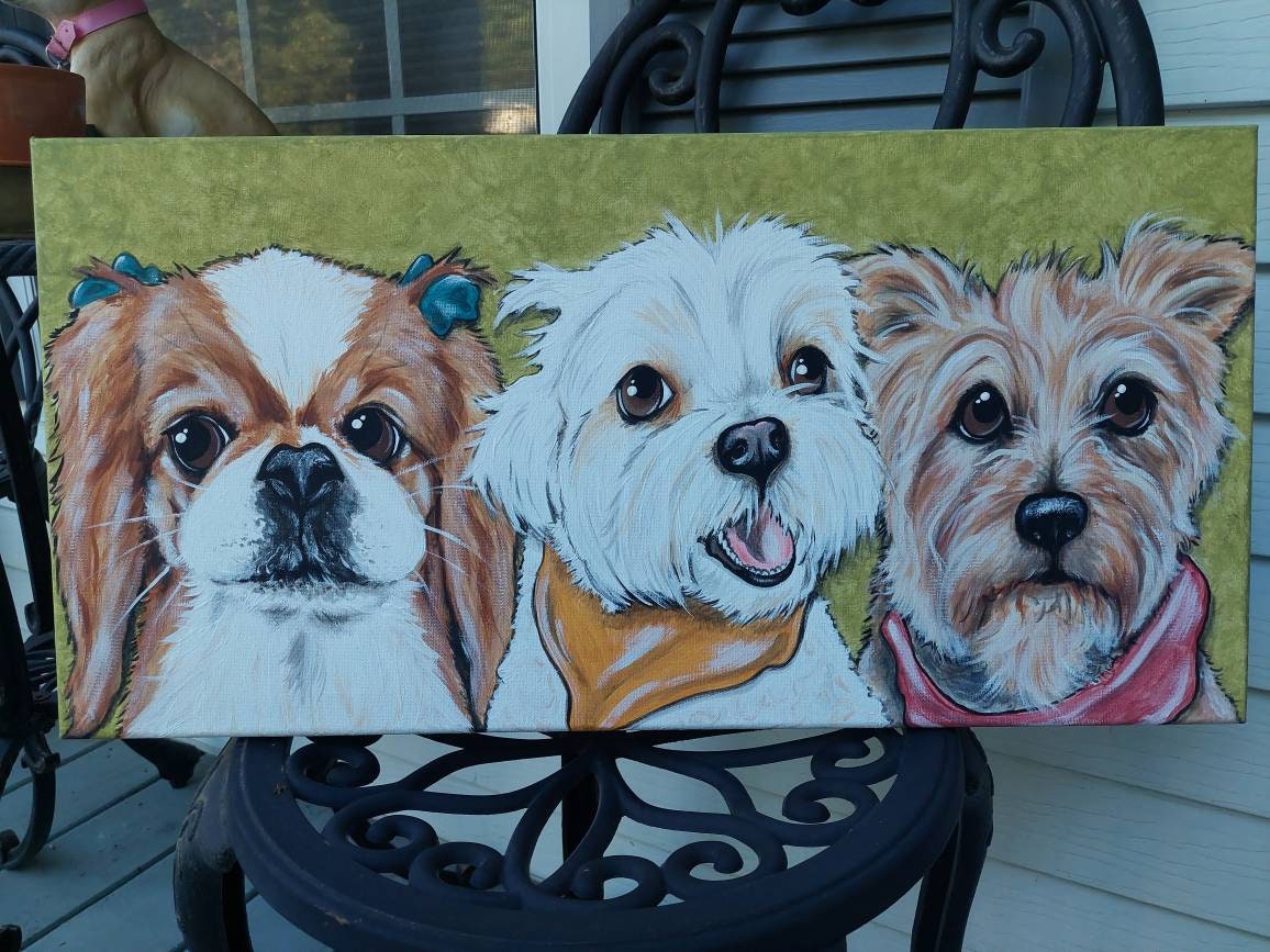 Custom Multiple Pet Portrait Painting 12x24 handpainted Pet Memorial, painted from photos of your pet, animal Art, personalized gift