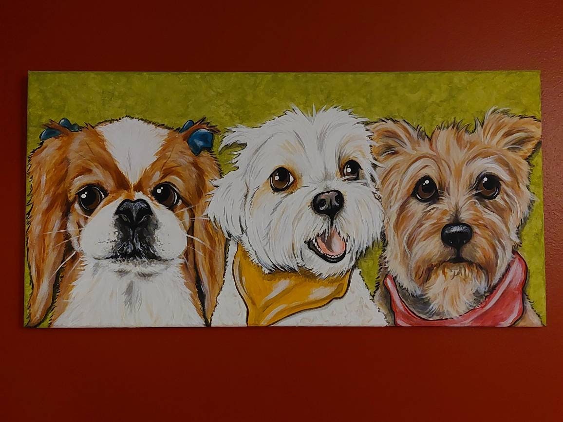 Custom Multiple Pet Portrait Painting 12x24 handpainted Pet Memorial, painted from photos of your pet, animal Art, personalized gift