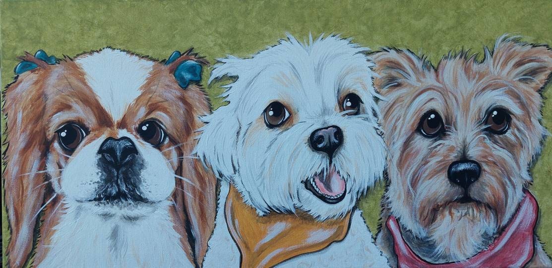 Custom Multiple Pet Portrait Painting 12x24 handpainted Pet Memorial, painted from photos of your pet, animal Art, personalized gift