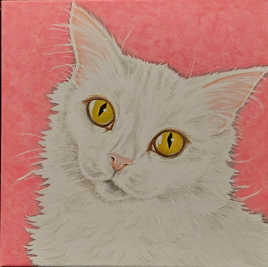 Pet Portrait Painting of sweet white cat, commissioned by a client for a family member who lost their Pet. Painted with acrylic paints on size 12&quot; x 12&quot; stretched canvas. Custom painted.
