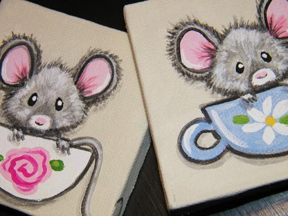 Custom Order A Cupful of Cute, Lil Mouse mini artwork 3x3 Original, mouse, mice, teacup