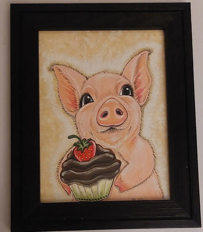 Cupcake Piggie ORIGINAL Framed Painting for Sale, 9"x12" artwork, pig, cupcake Ready to Ship Outta the Blue Studio