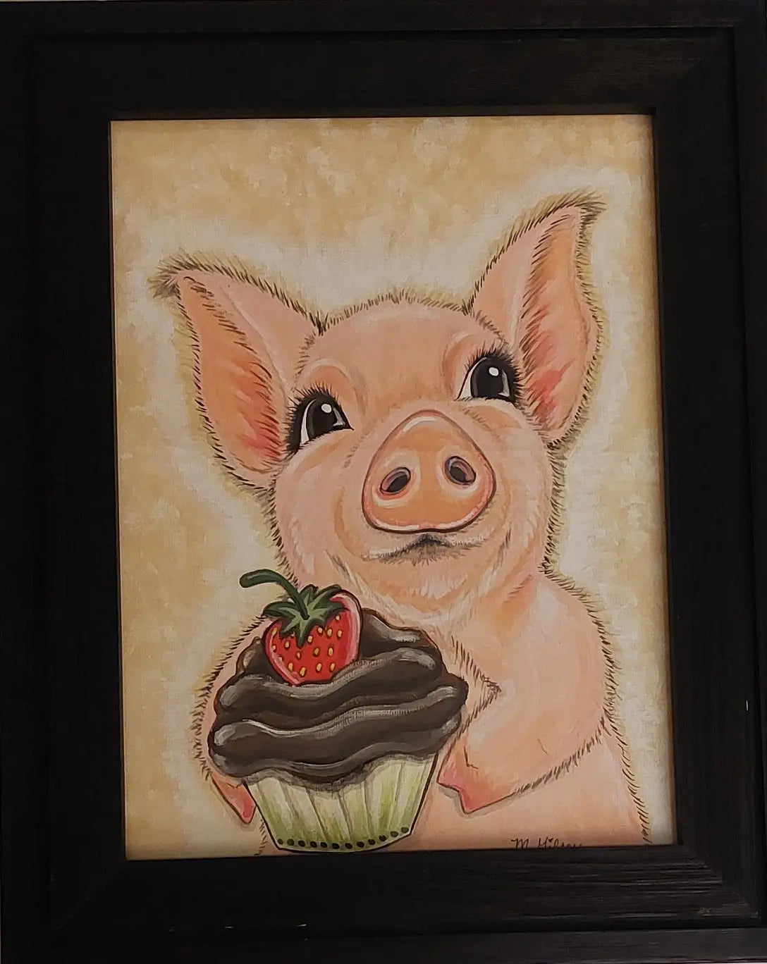 Cupcake Piggie ORIGINAL Framed Painting for Sale, 9"x12" artwork, pig, cupcake Ready to Ship Outta the Blue Studio