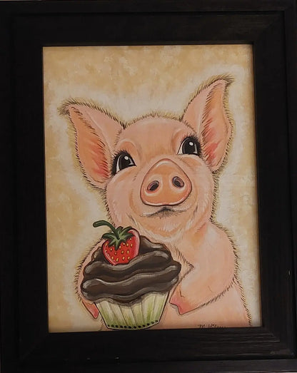 Cupcake Piggie ORIGINAL Framed Painting for Sale, 9"x12" artwork, pig, cupcake Ready to Ship Outta the Blue Studio
