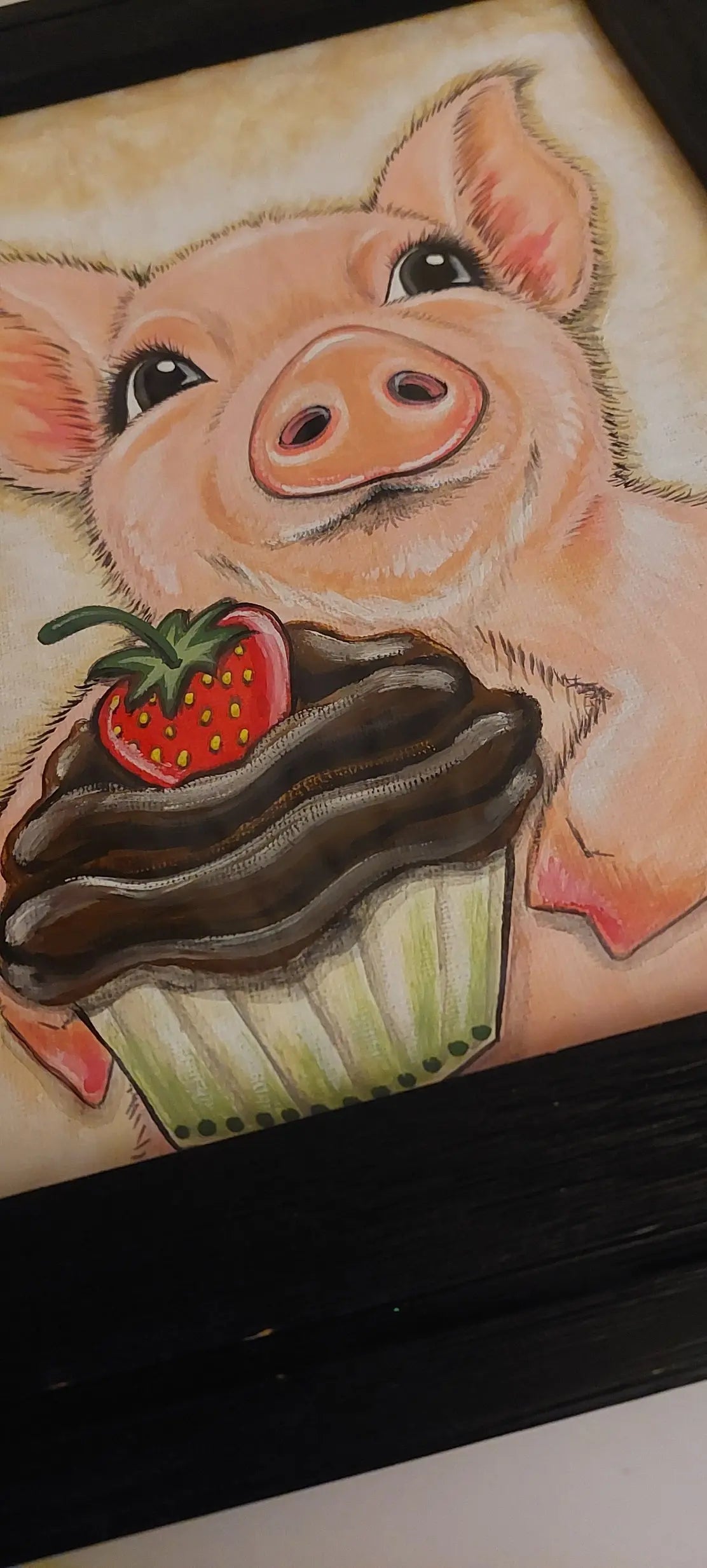 Cupcake Piggie ORIGINAL Framed Painting for Sale, 9"x12" artwork, pig, cupcake Ready to Ship Outta the Blue Studio