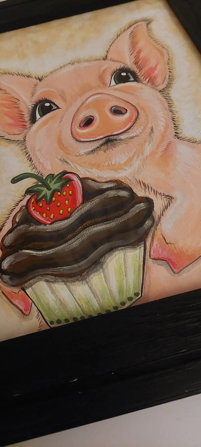 Cupcake Piggie ORIGINAL Framed Painting for Sale, 9"x12" artwork, pig, cupcake Ready to Ship Outta the Blue Studio