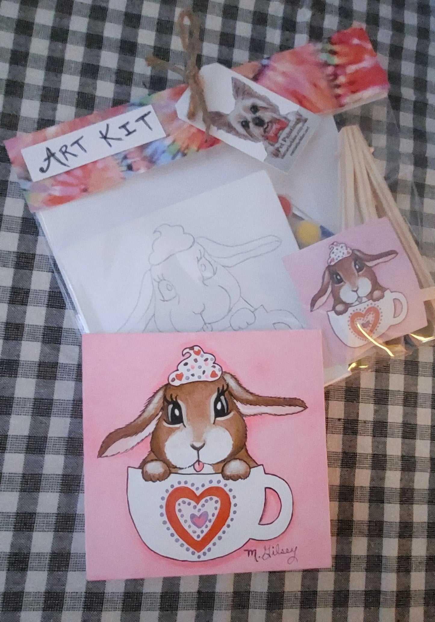 Complete DIY Art Kit Set Bunny in a Teacup Design, pre-sketched, for any Art Gathering Outta the Blue Studio