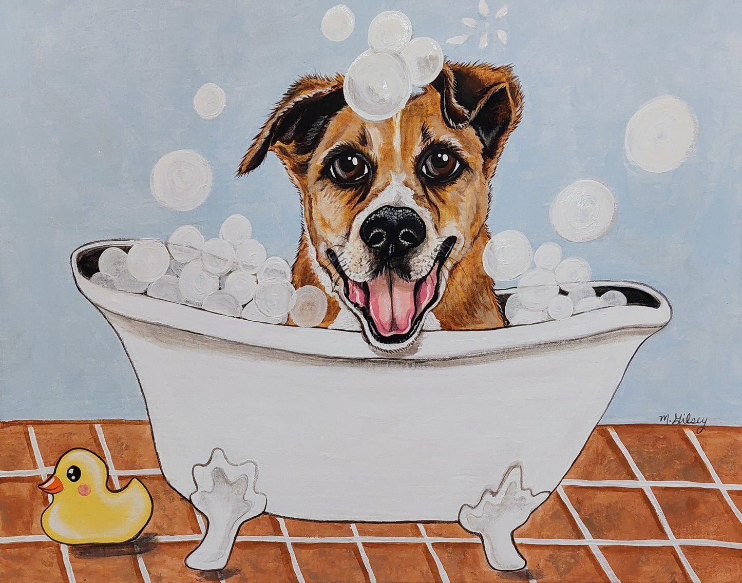 CUSTOM Painting Pet in Bathtub Bathroom Wall Art 16x20 Outta the Blue Studio