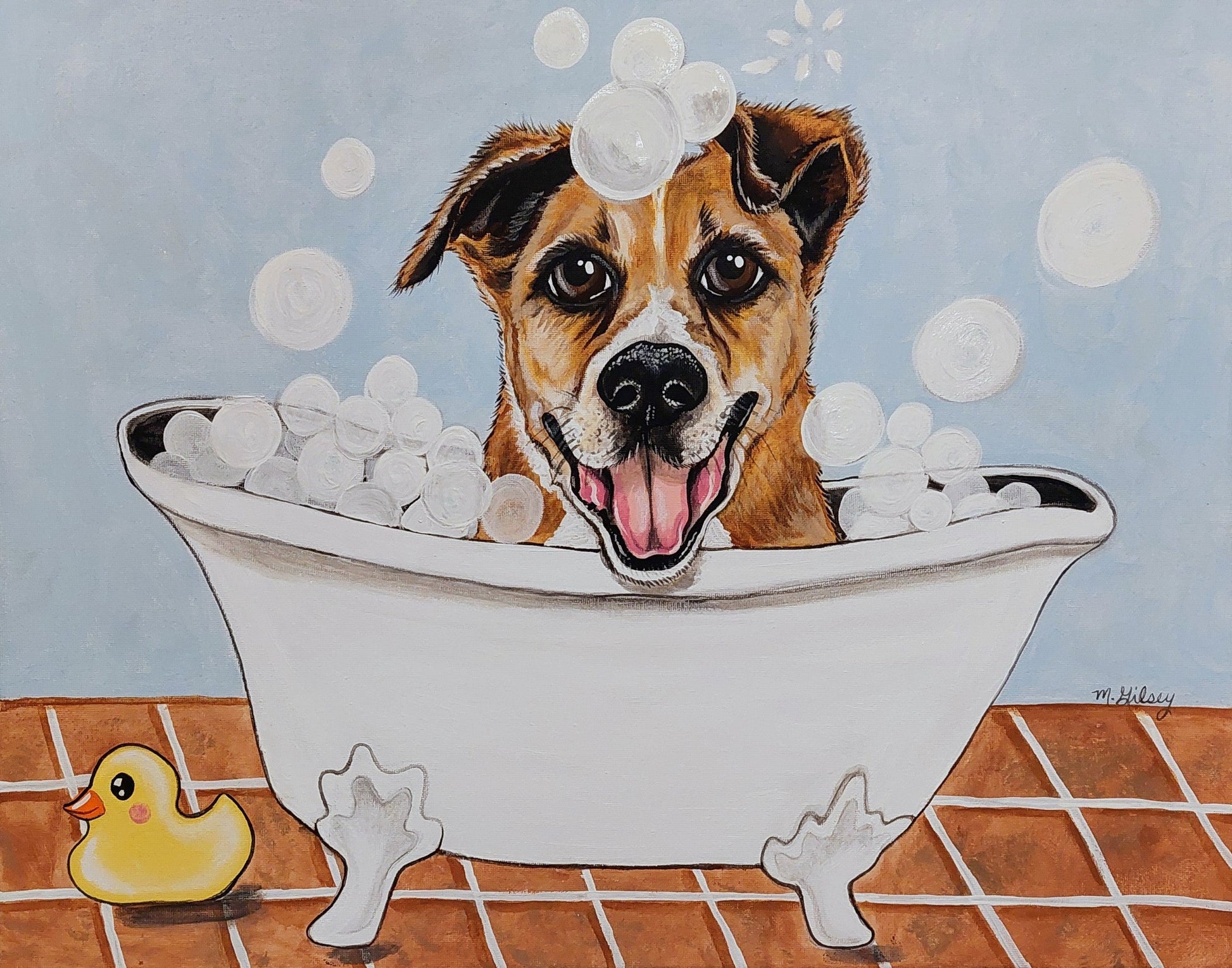 CUSTOM Painting Pet in Bathtub Bathroom Wall Art 16x20 Outta the Blue Studio
