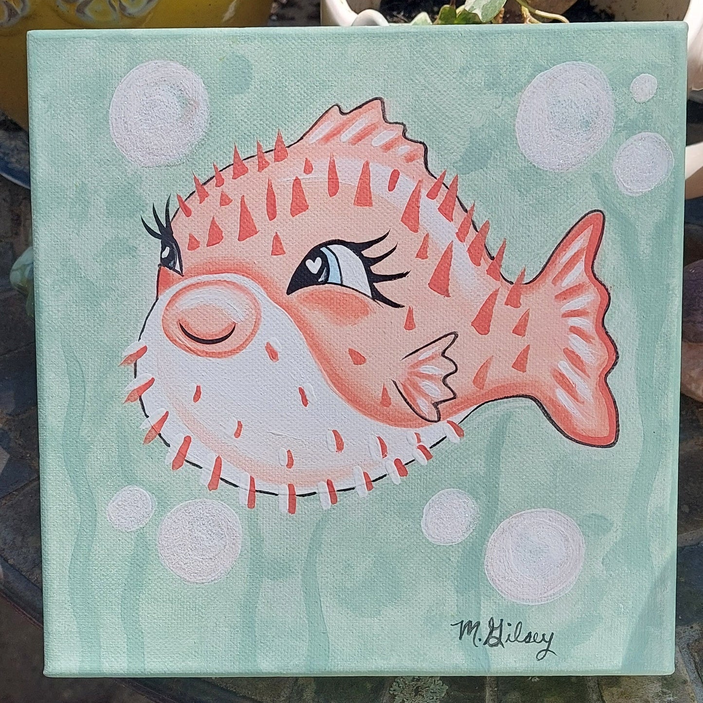 Beachy Original Painting "Peaches" the Pufferfish Wall Art Decor 8"x8" Outta the Blue Studio