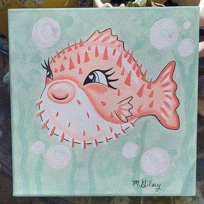 Beachy Original Painting "Peaches" the Pufferfish Wall Art Decor 8"x8" Outta the Blue Studio