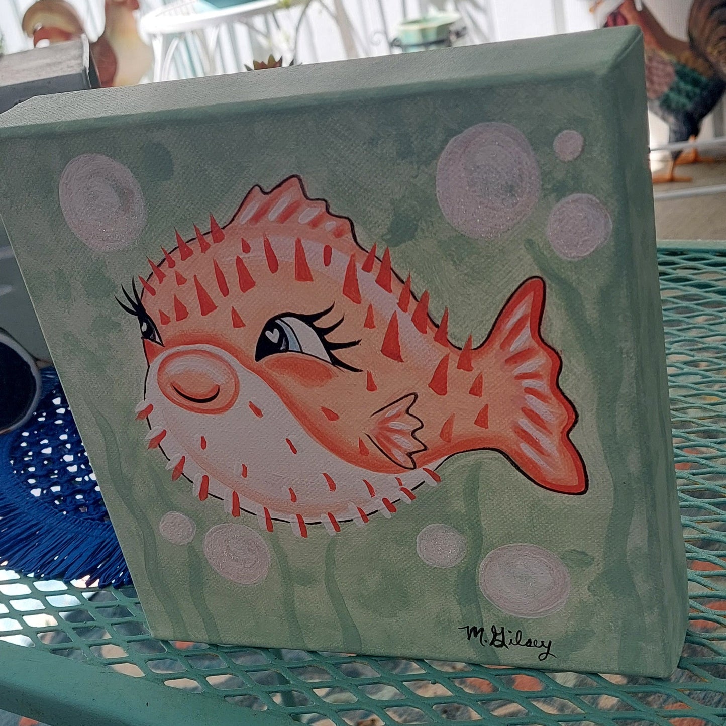 Beachy Original Painting "Peaches" the Pufferfish Wall Art Decor 8"x8" Outta the Blue Studio
