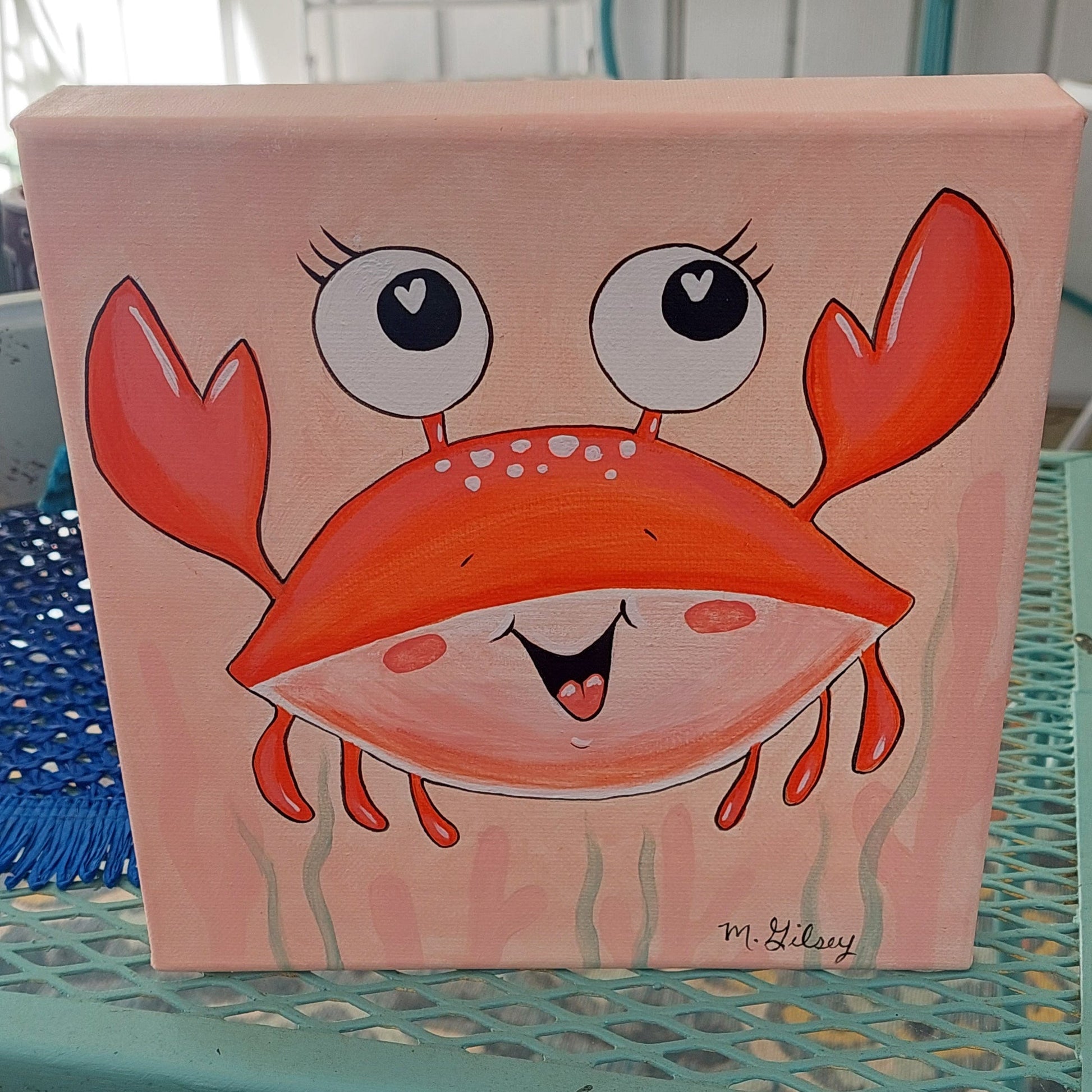Beachy Original Wall Art Painting "HAPPY CRAB" 8"x8" Acrylic Painting Outta the Blue Studio