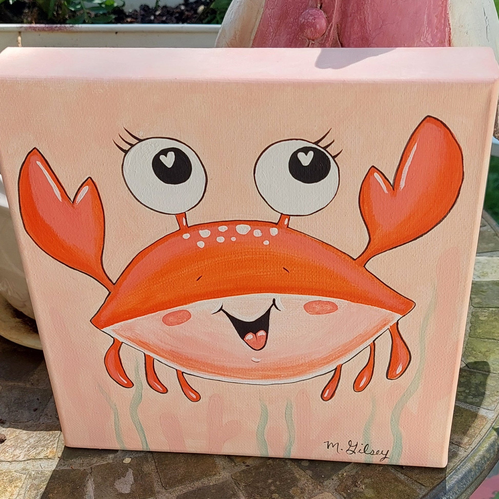 Beachy Original Wall Art Painting "HAPPY CRAB" 8"x8" Acrylic Painting Outta the Blue Studio