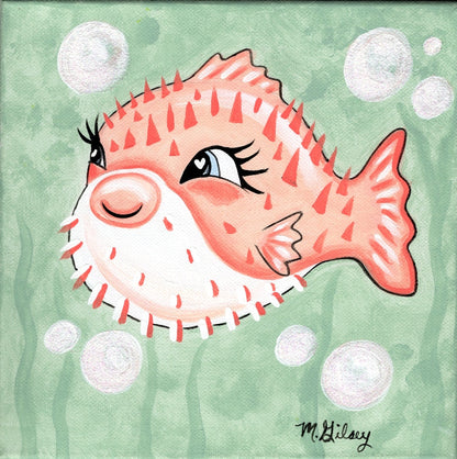 Beachy Original Painting "Peaches" the Pufferfish Wall Art Decor 8"x8" Outta the Blue Studio