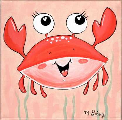 Beachy Original Wall Art Painting "HAPPY CRAB" 8"x8" Acrylic Painting Outta the Blue Studio