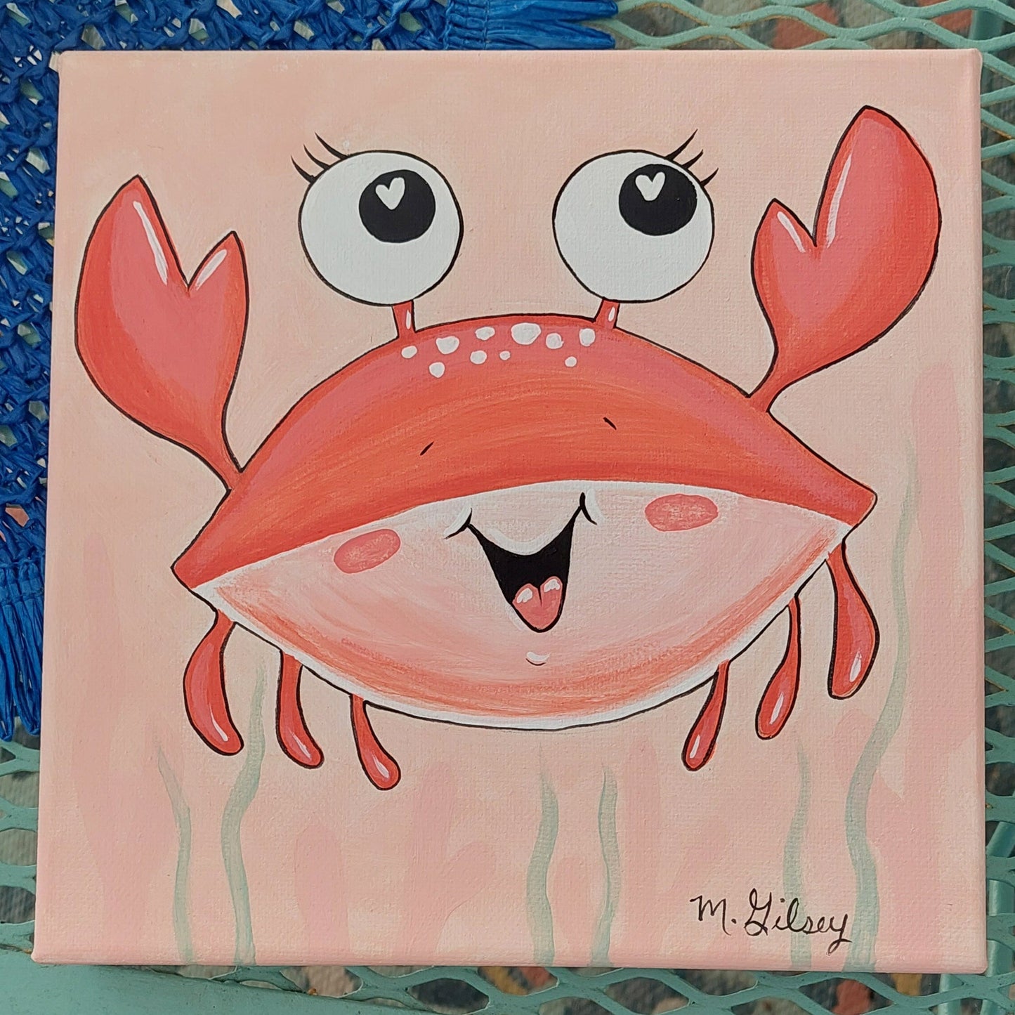 Beachy Original Wall Art Painting "HAPPY CRAB" 8"x8" Acrylic Painting Outta the Blue Studio