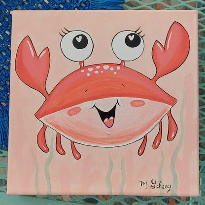 Beachy Original Wall Art Painting "HAPPY CRAB" 8"x8" Acrylic Painting Outta the Blue Studio