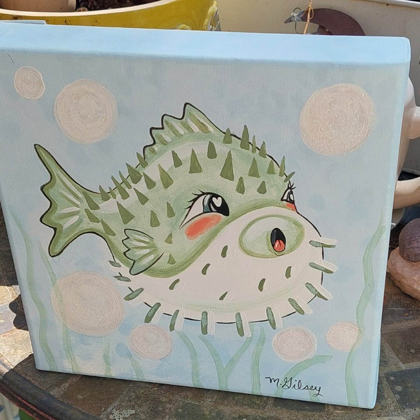 Original Painting 8"x8" Wall Art "PICKLES" the Pufferfish Beachy Decor Outta the Blue Studio