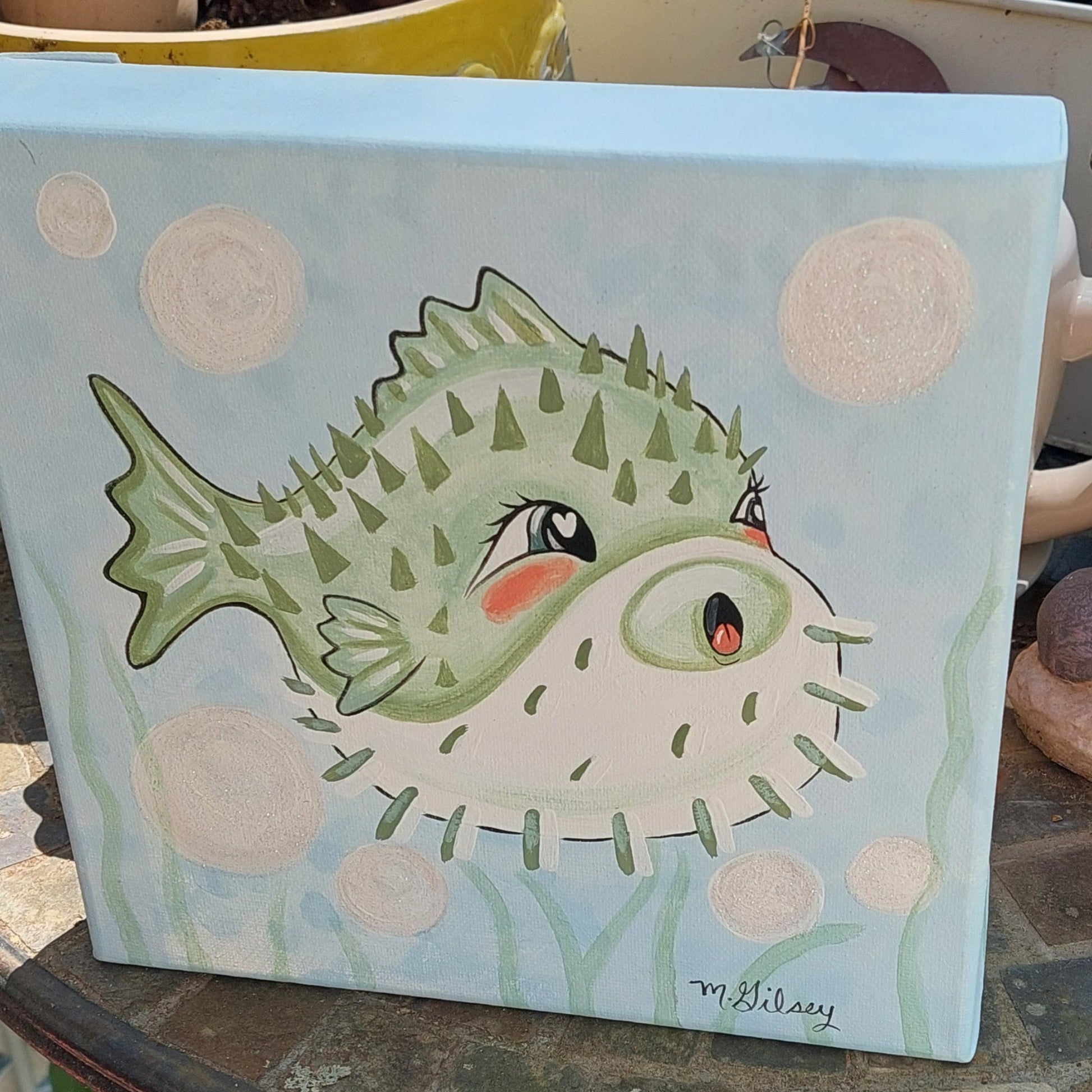 Original Painting 8"x8" Wall Art "PICKLES" the Pufferfish Beachy Decor Outta the Blue Studio