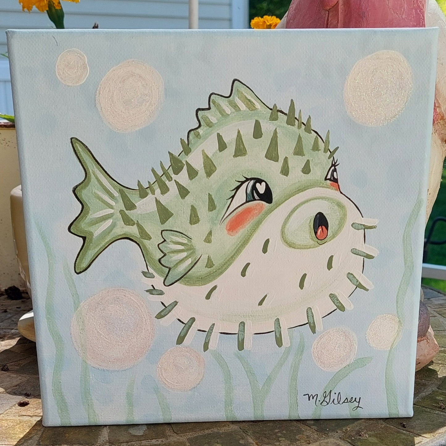 Original Painting 8"x8" Wall Art "PICKLES" the Pufferfish Beachy Decor Outta the Blue Studio