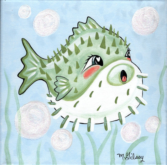 Original Painting 8"x8" Wall Art "PICKLES" the Pufferfish Beachy Decor Outta the Blue Studio