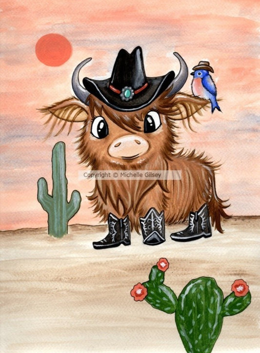 Cowboy Highland Cutie ORIGINAL Acrylic Painting 9"x12", long haired Cow, Western Decor, Kids room artwork