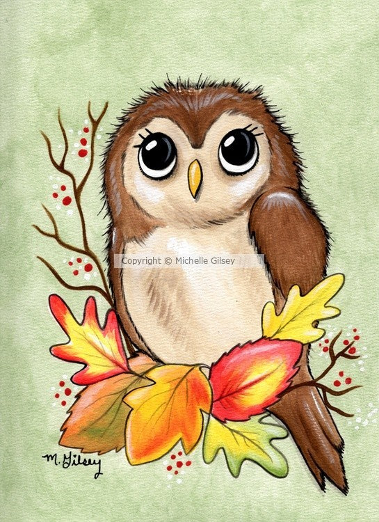 Autumn Owl ORIGINAL PAINTING for Sale, acrylic painting 9"x12" owl artwork, cute owl, autumn decor, fall art