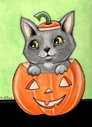 Cat O Lantern ORIGINAL PAINTING for SALE 9"x12" gray cat in a jack o lantern for Halloween