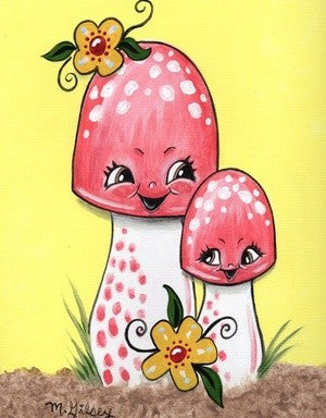 Cheerful Red n White polka dot Mushroom family ORIGINAL Painting 9"x12", acrylics