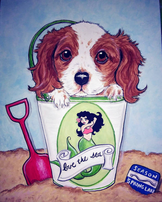 Custom Beach Badge Pet Portrait Painting 16x20 handpainted , New Jersey beaches, cute animal Art, Dog breed, Cat, Cavalier King Charles