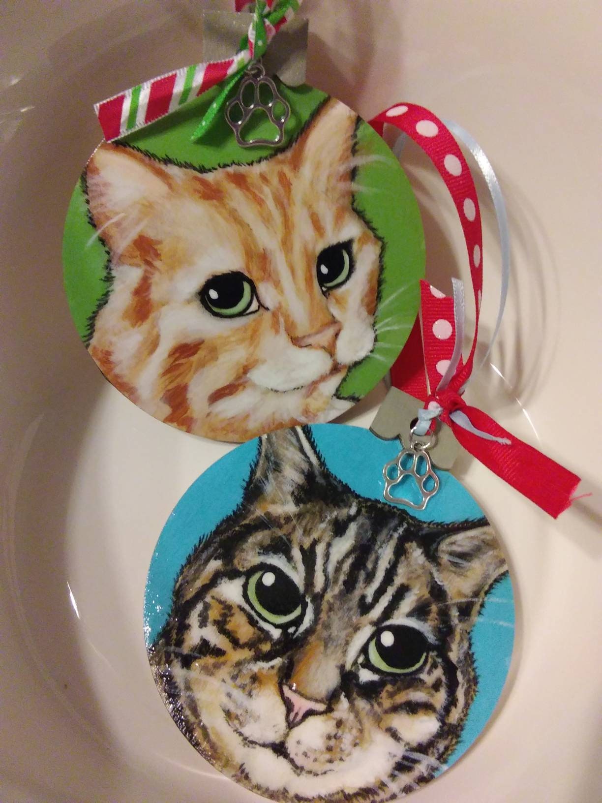 Two Custom Pet Portrait Ornaments - Hand painted wood Christmas tree decor gift idea dog cat animal , pet memorial, pet loss, pet painting